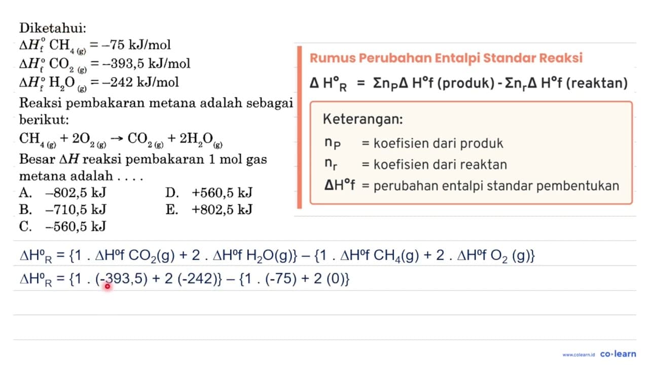 Diketahui:delta Hf CH4(g)=-75 kJ/mol delta Hf CO2(g)=-393,5