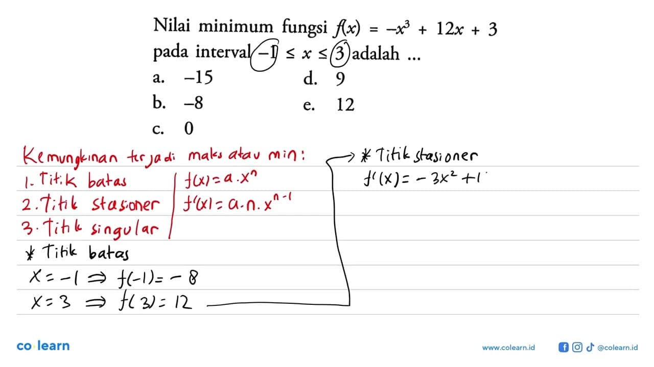 Nilai minimum fungsi f(x)=-x^3+12x+3 pada interval -1<=x<=3