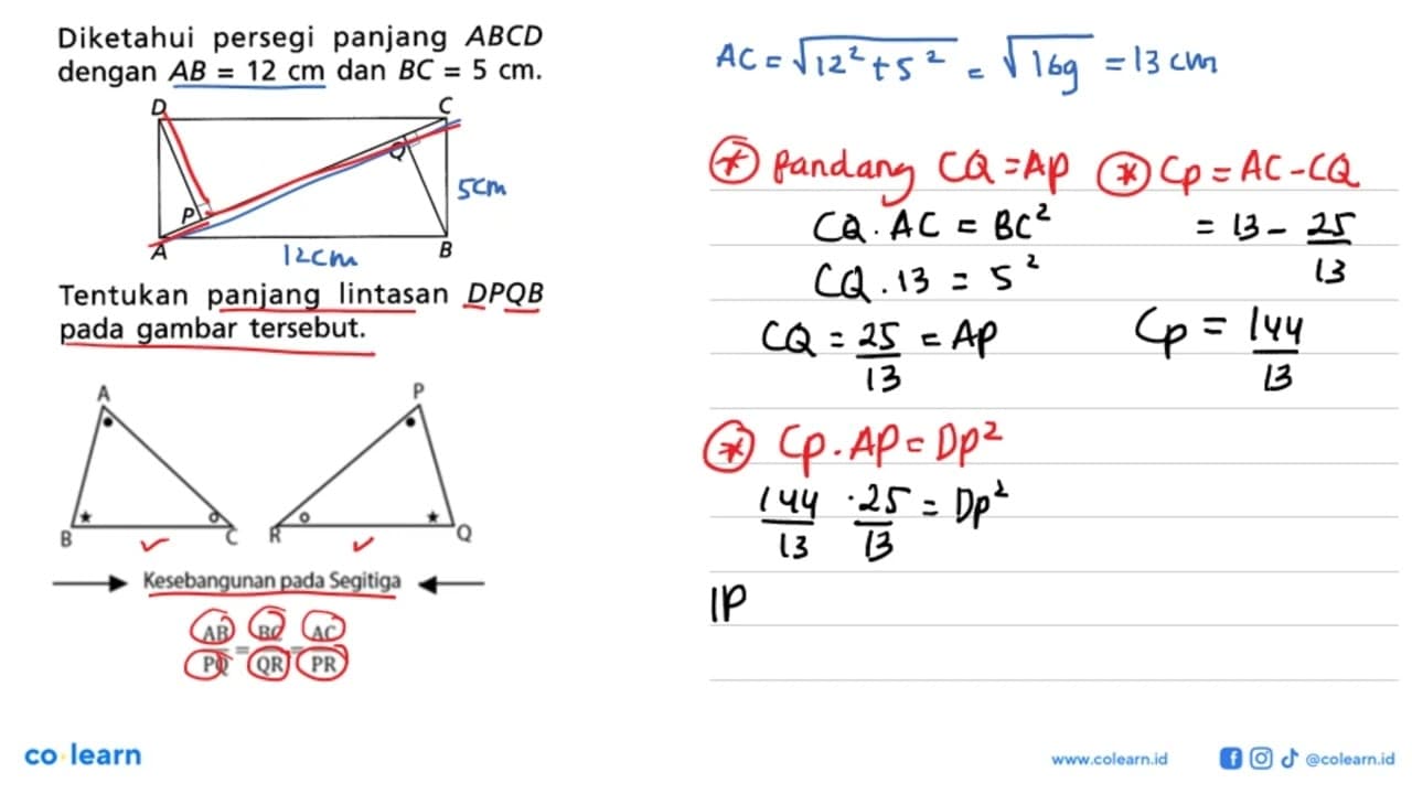 Diketahui persegi panjang ABCD dengan AB=12 cm dan BC=5 cm