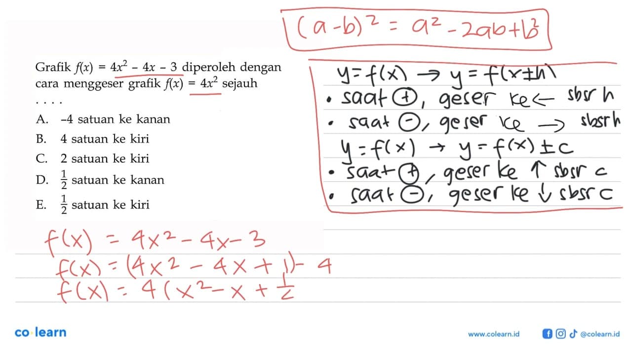 Grafik f(x)=4x^2-4x-3 diperoleh dengan cara menggeser