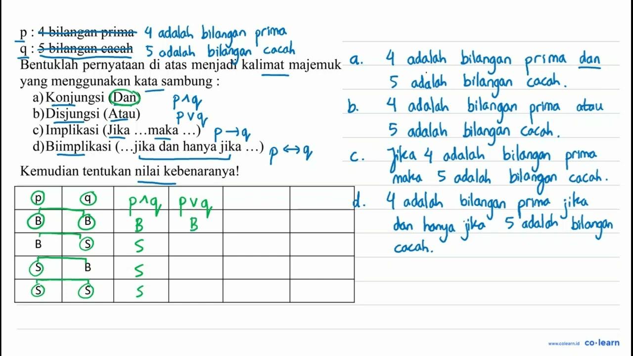 p) : 4 bilangan prima q : 5 bilangan cacah Bentuklah