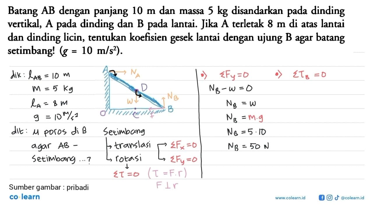 Batang AB dengan panjang 10 m dan massa 5 kg disandarkan