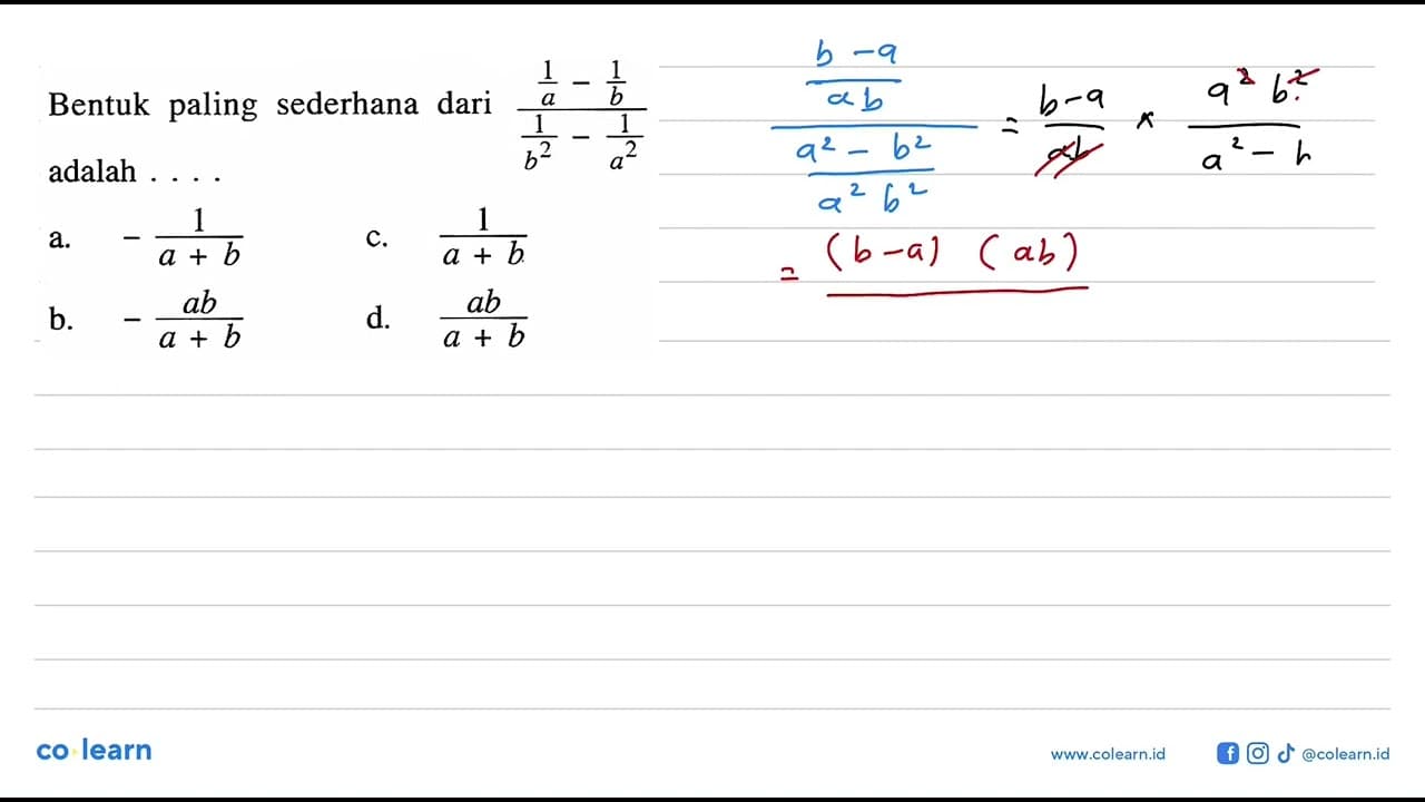 Bentuk paling sederhana dari (1/a - 1/b)/(1/(b^2) -