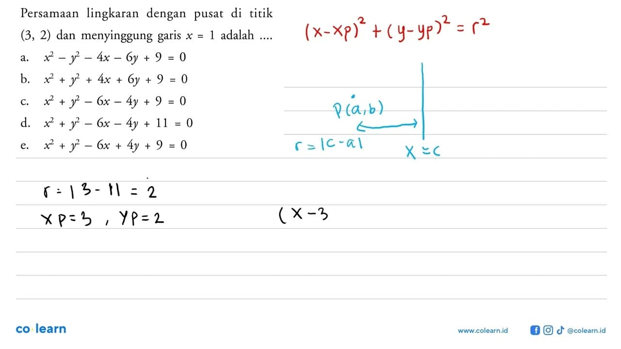 Persamaan lingkaran dengan pusat di titik (3,2) dan