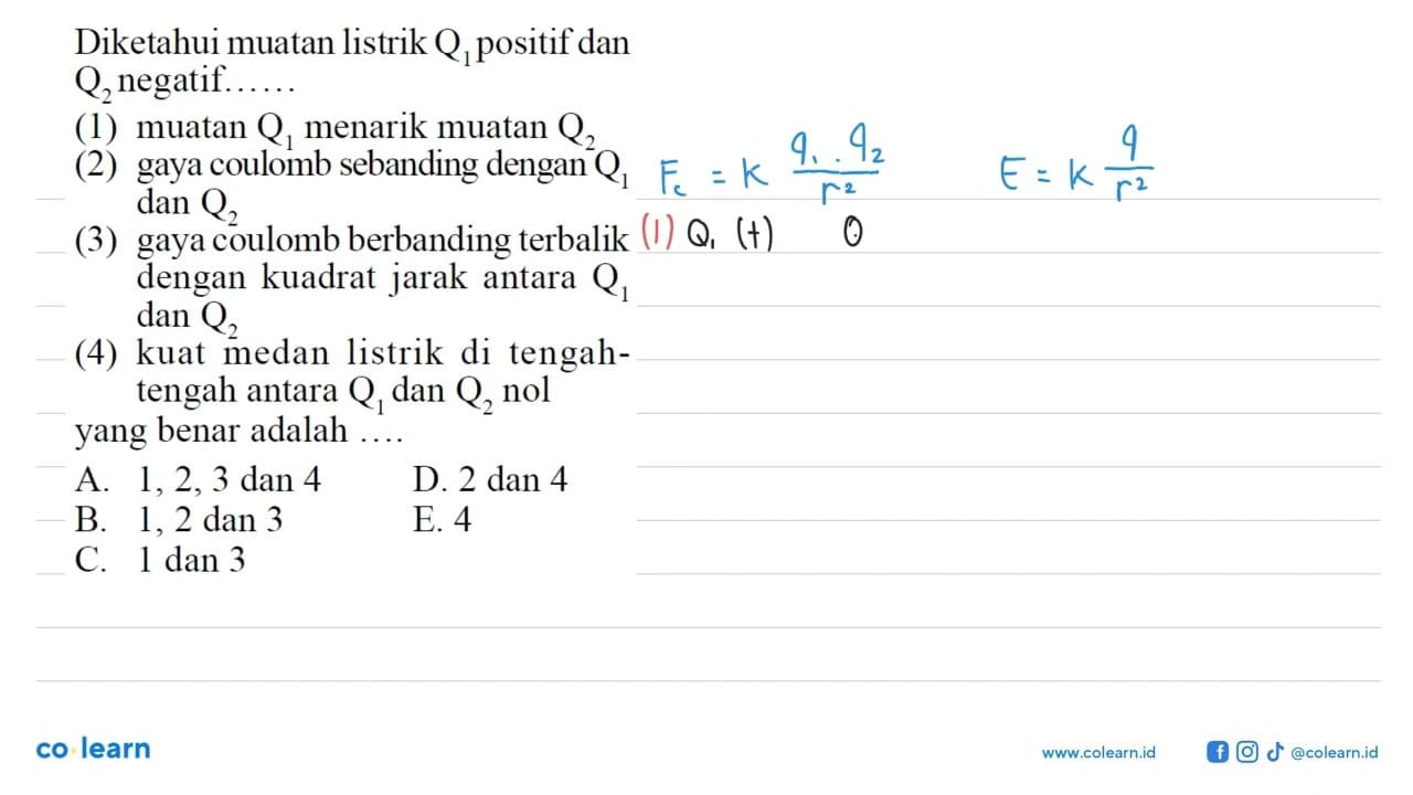 Diketahui muatan listrik Q1 positif dan Q2 negatif.......