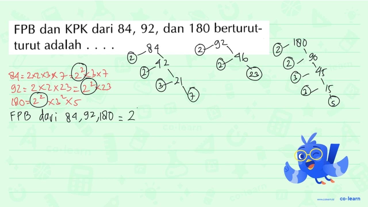 FPB dan KPK dari 84, 92, dan 180 berturut-turut adalah ....