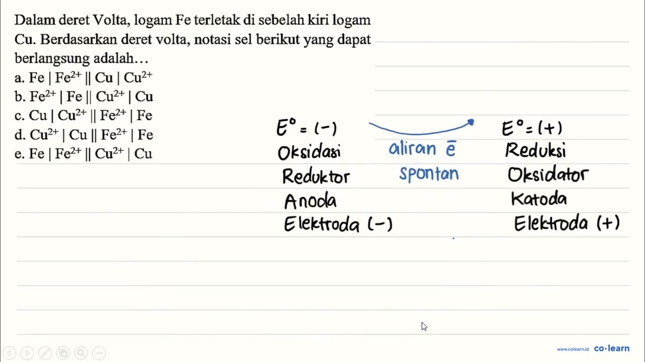 Dalam deret Volta, logam Fe terletak di sebelah kiri logam