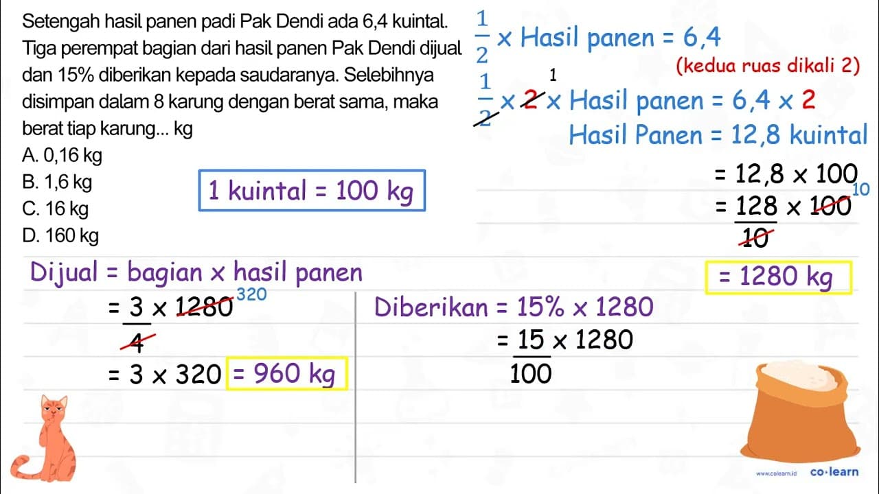 Setengah hasil panen padi Pak Dendi ada 6,4 kuintal. Tiga