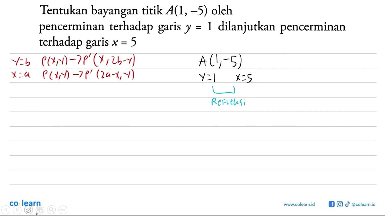 Tentukan bayangan titik A(1,-5) oleh pencerminan terhadap