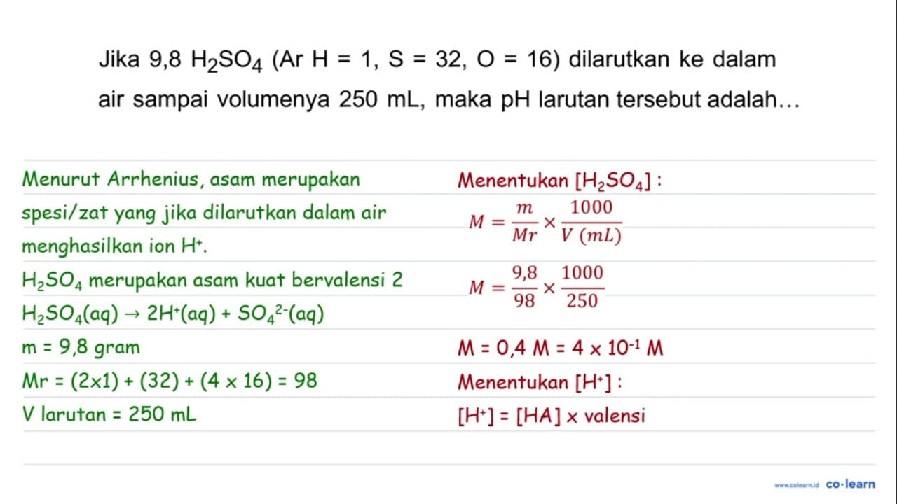 Jika 9,8 H2 SO4(Ar H=1, S=32, O=16) dilarutkan ke dalam air