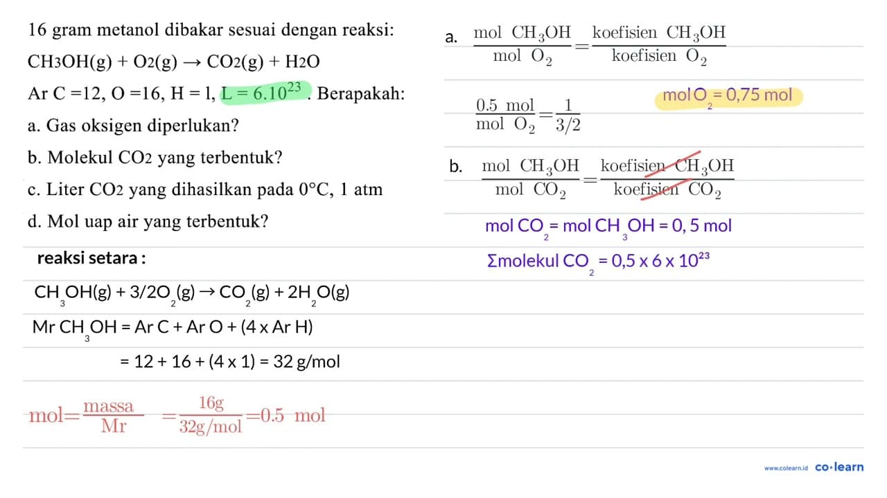 16 gram metanol dibakar sesuai dengan reaksi: