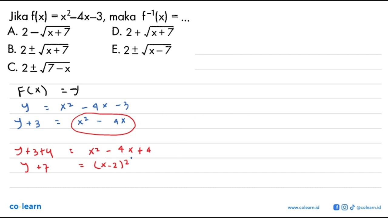 Jika f(x)=x^2-4x-3, maka f^(-1)(x)=...