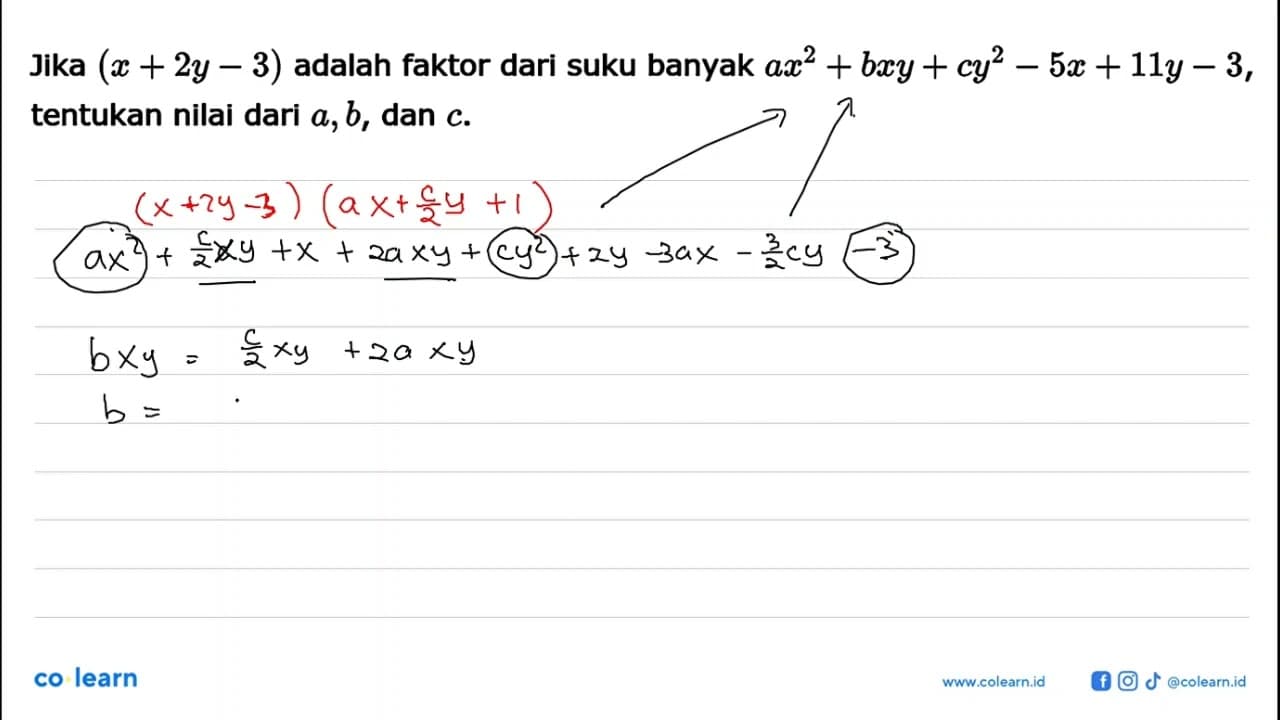 Jika (x + 2y = 3) adalah faktor dari suku banyak