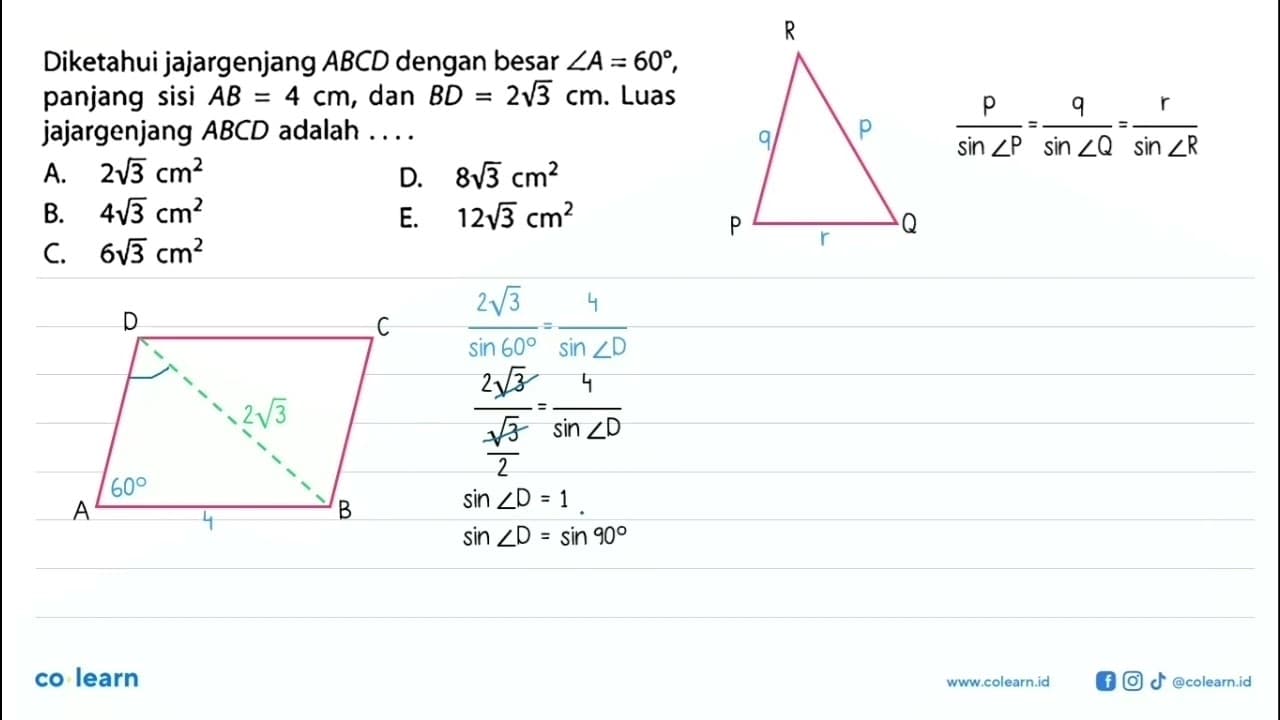 Diketahui jajargenjang ABCD dengan besar sudut A=60,