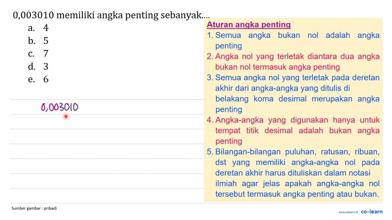 0,003010 memiliki angka penting sebanyak.... a. 4 b. 5 c. 7