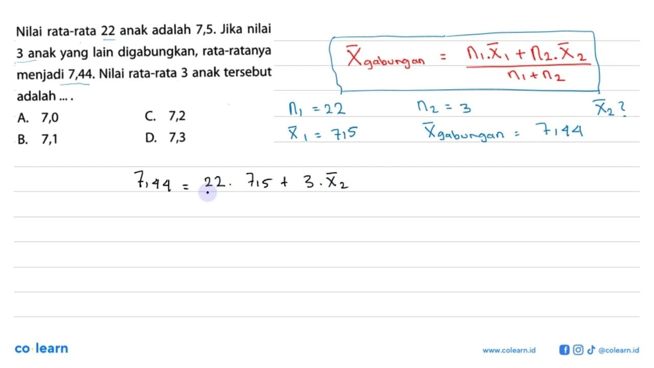 Nilai rata-rata 22 anak adalah 7,5. Jika nilai 3 anak yang