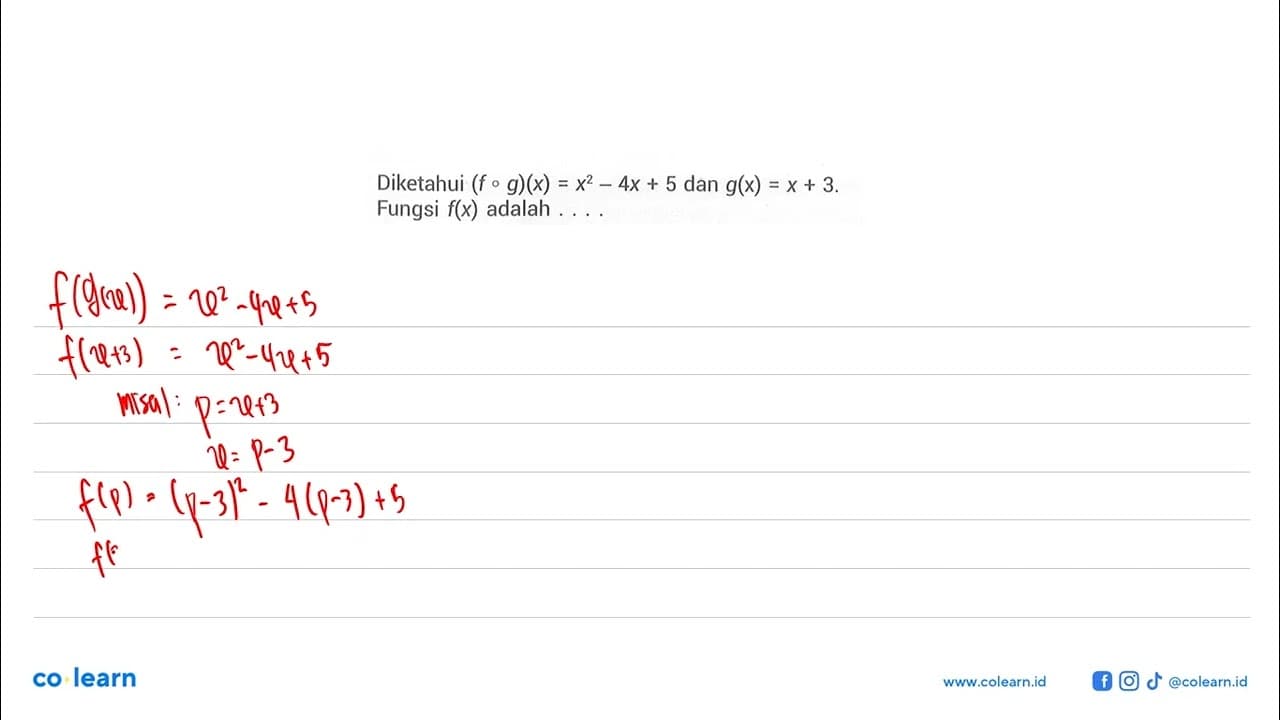 Diketahui (f o g)(x)=x^2-4 x+5 dan g(x)=x+3 Fungsi f(x)