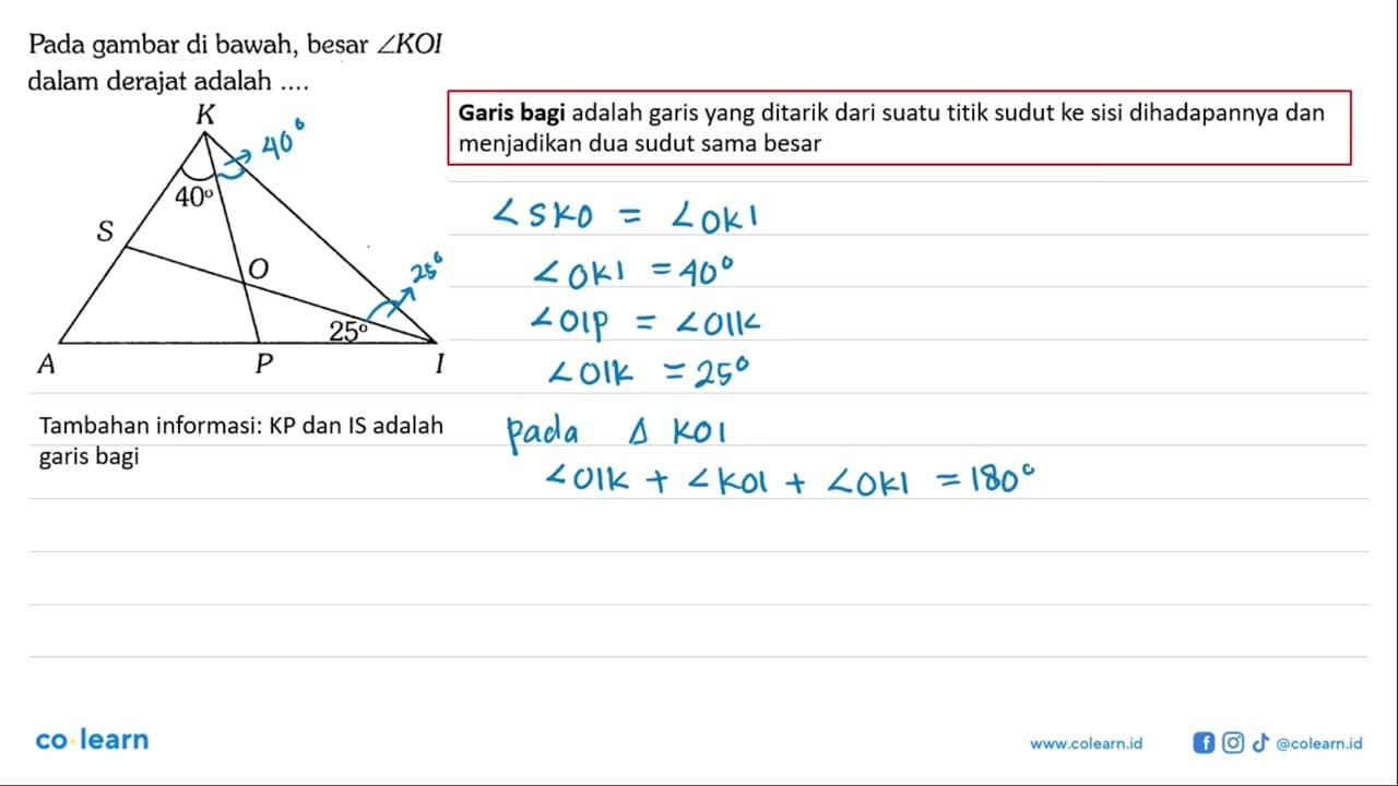 Pada gambar di bawah, besar sudut KOI dalam derajat adalah