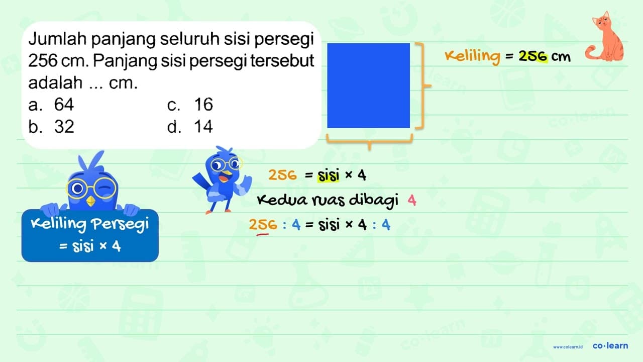 Jumlah panjang seluruh sisi persegi 256 cm . Panjang sisi