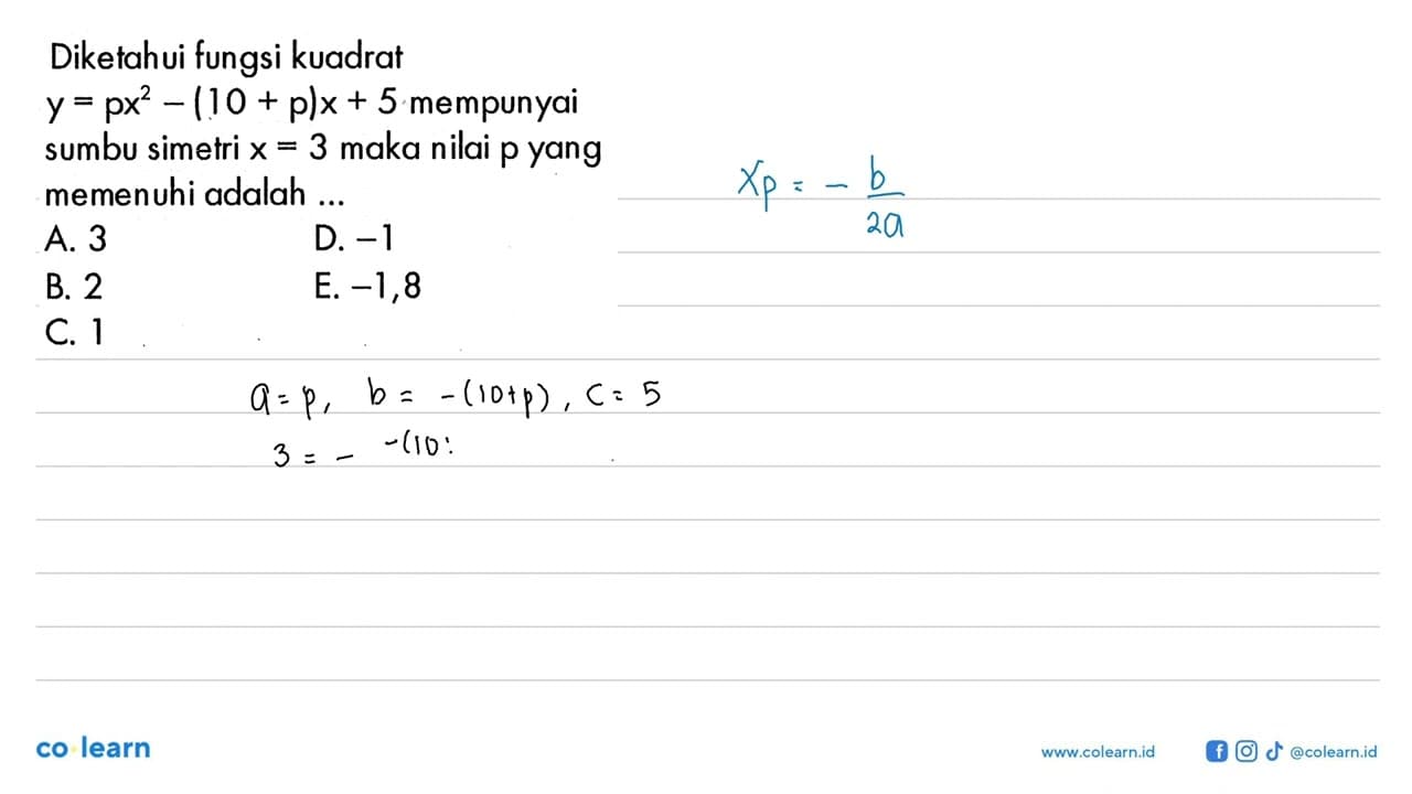 Diketahui fungsi kuadrat y=px^2-(10+p)x+5 mempunyai sumbu