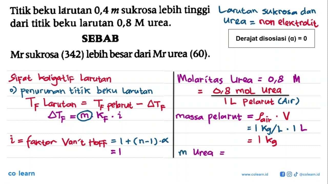 Titik beku larutan 0,4 m sukrosa lebih tinggi dari titik