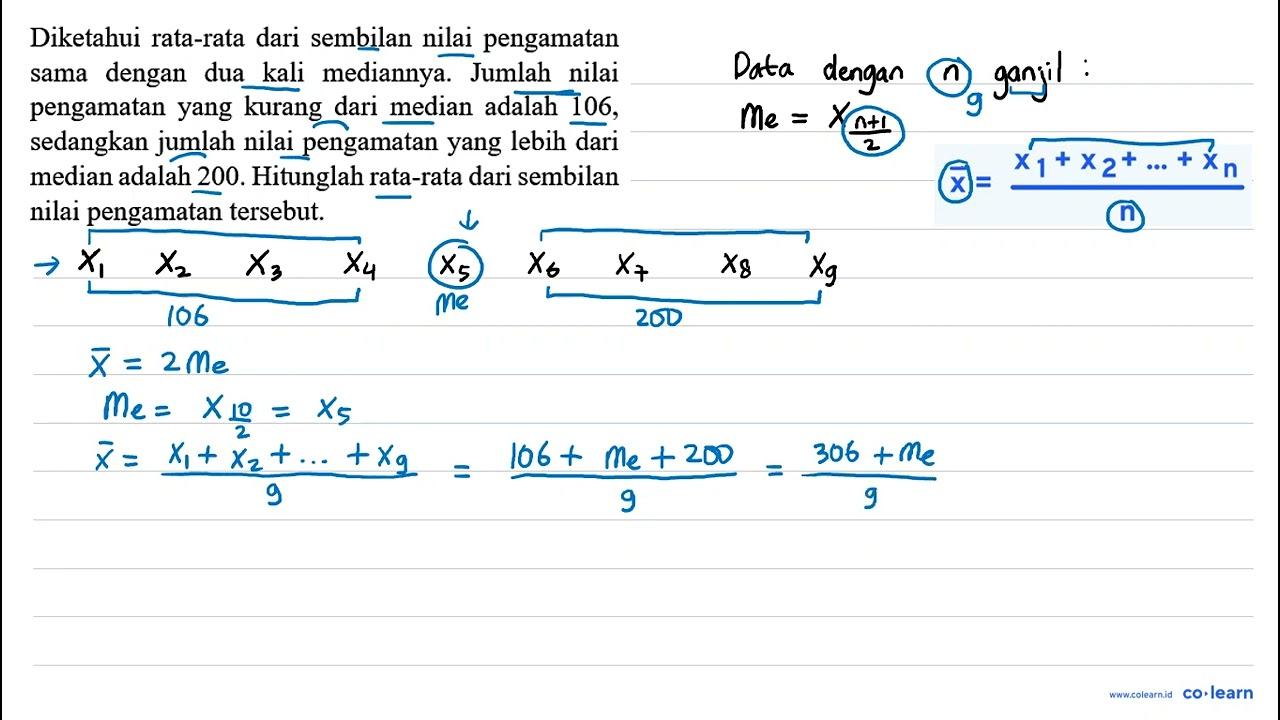 Diketahui rata-rata dari sembilan nilai pengamatan sama