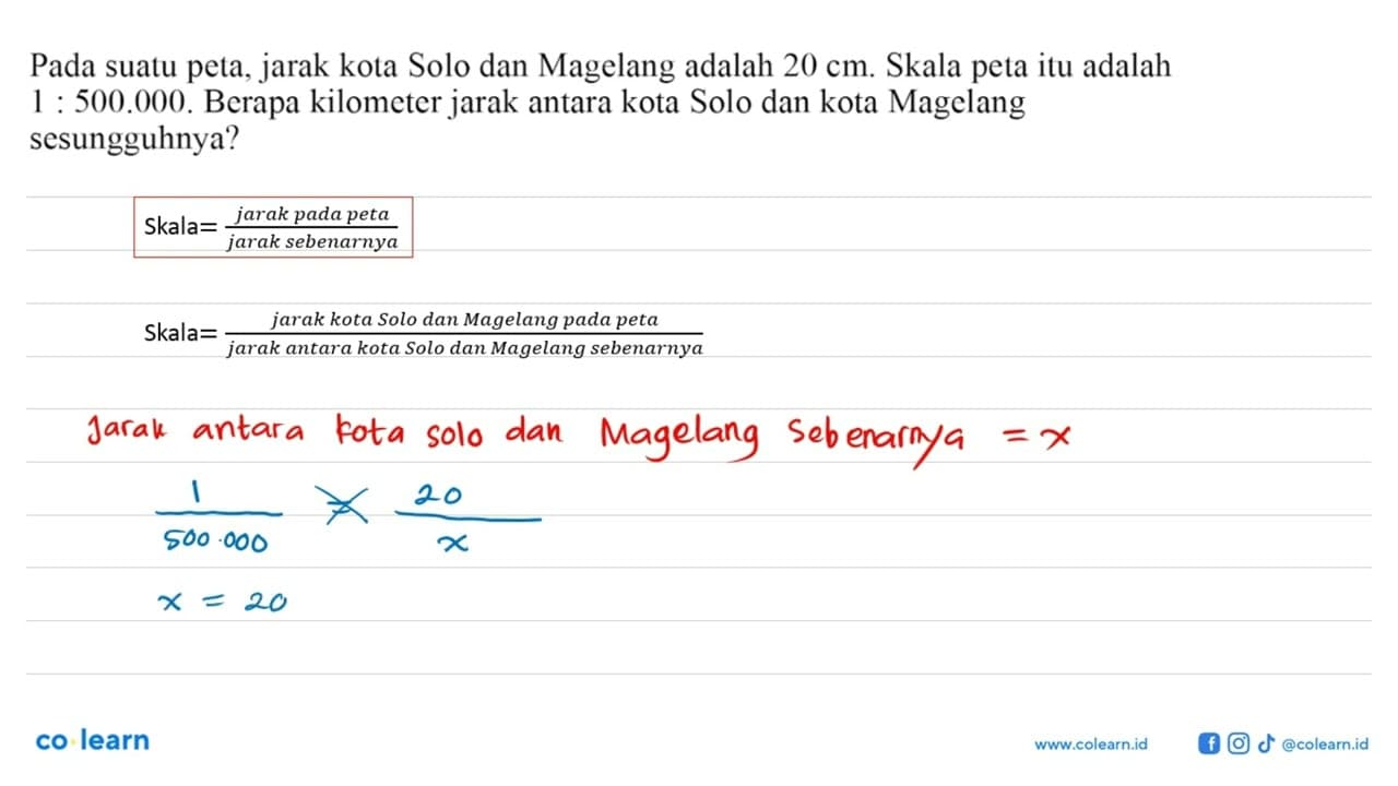 Pada suatu peta, jarak kota Solo dan Magelang adalah 20 cm