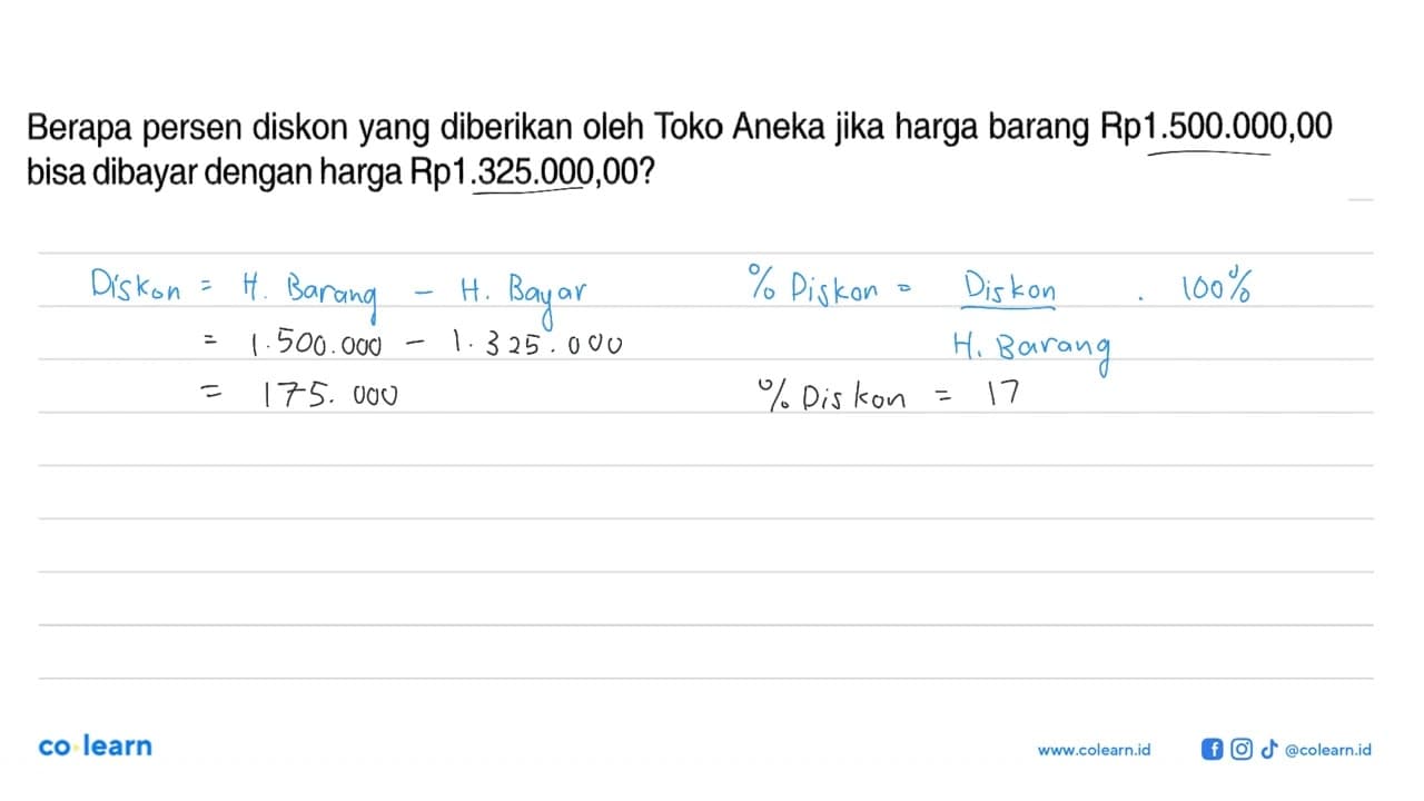 Berapa persen diskon yang diberikan oleh Toko Aneka jika