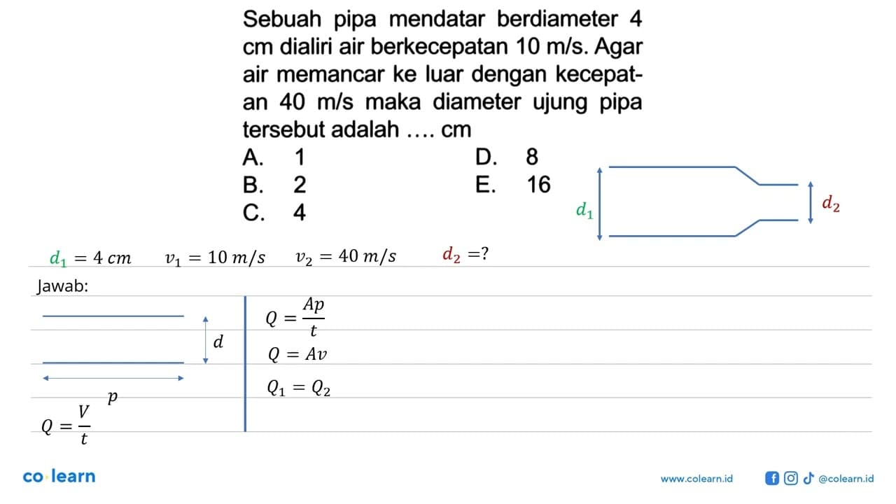 Sebuah pipa mendatar berdiameter 4 cm dialiri air