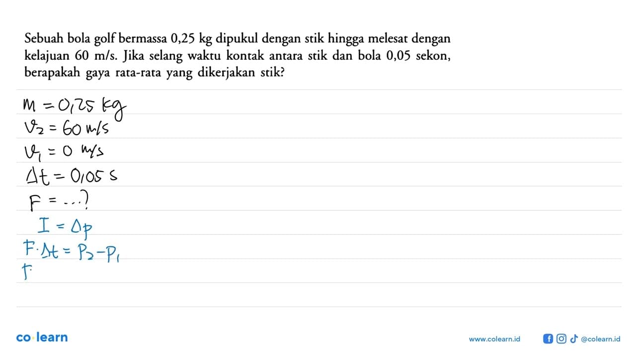 Sebuah bola golf bermassa 0,25 kg dipukul dengan stik