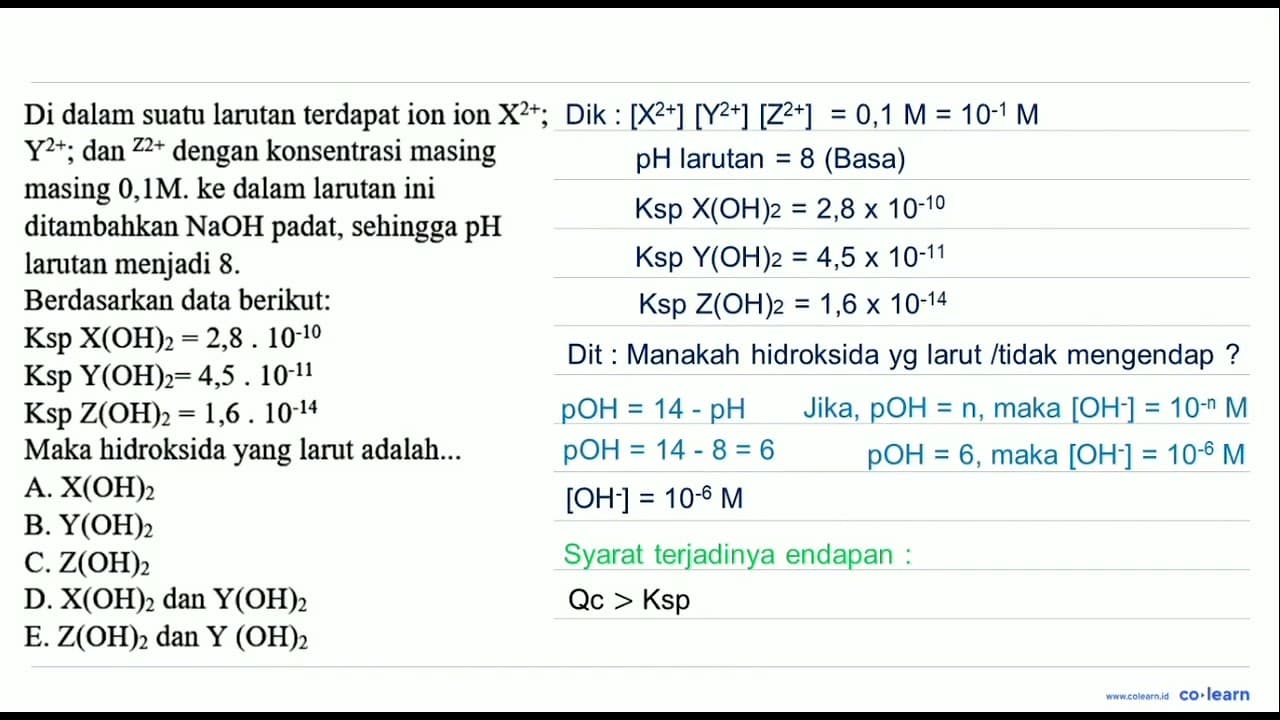 Di dalam suatu larutan terdapat ion ion X^2+; Y^2+; dan ^Z