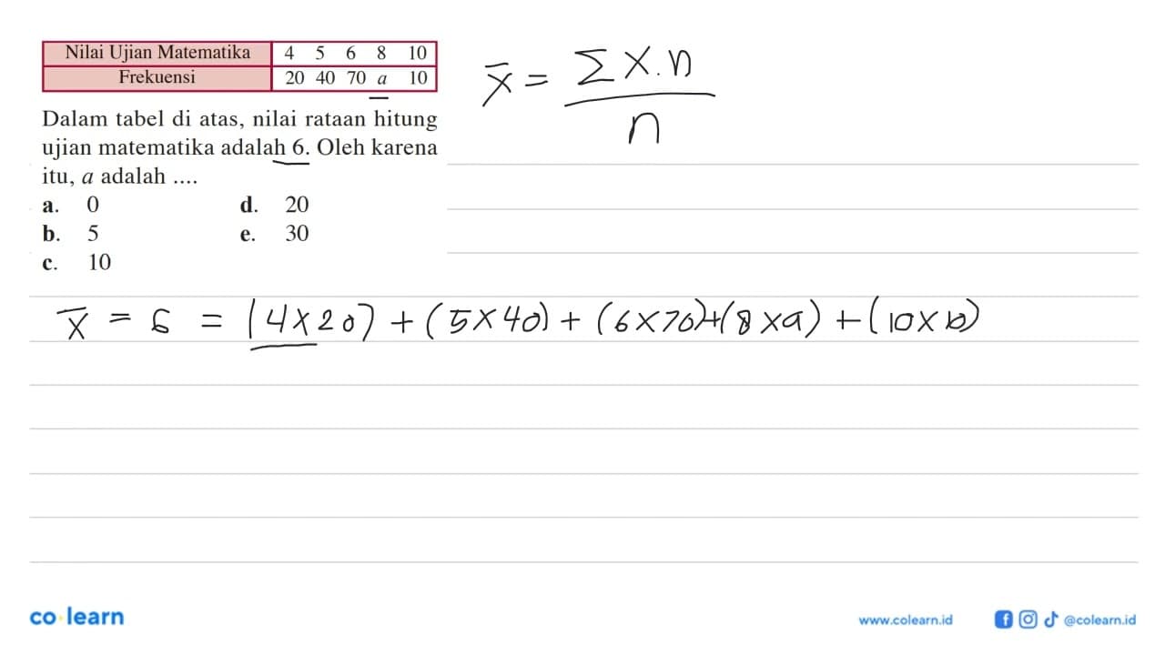 Nilai Ujian Matematika 4 5 6 8 10 Frekuensi 20 40 70 a 10