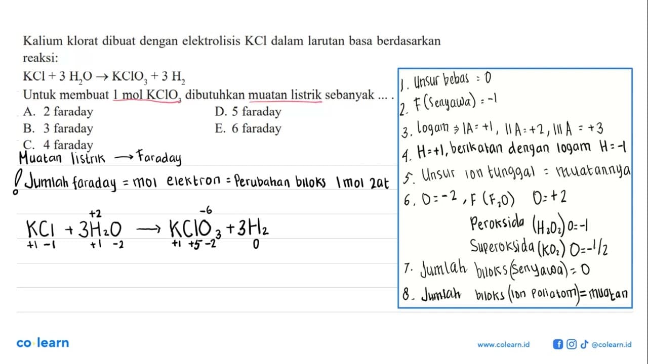 Kalium klorat dibuat dengan elektrolisis KCl dalam larutan