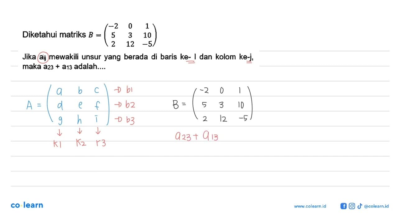 Diketahui matriks B = (-2 0 1 5 3 10 2 12 -5) Jika aij