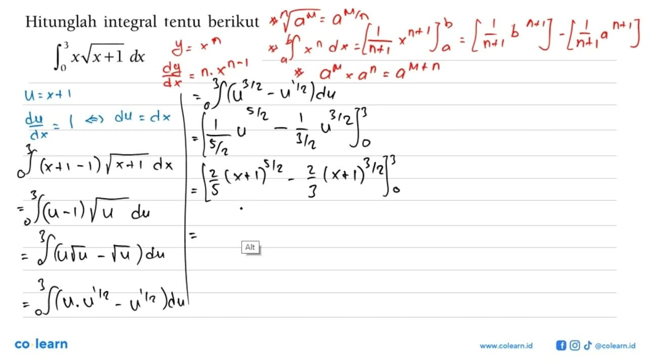 Hitunglah integral tentu berikut integral 0 3 x akar(x+1)