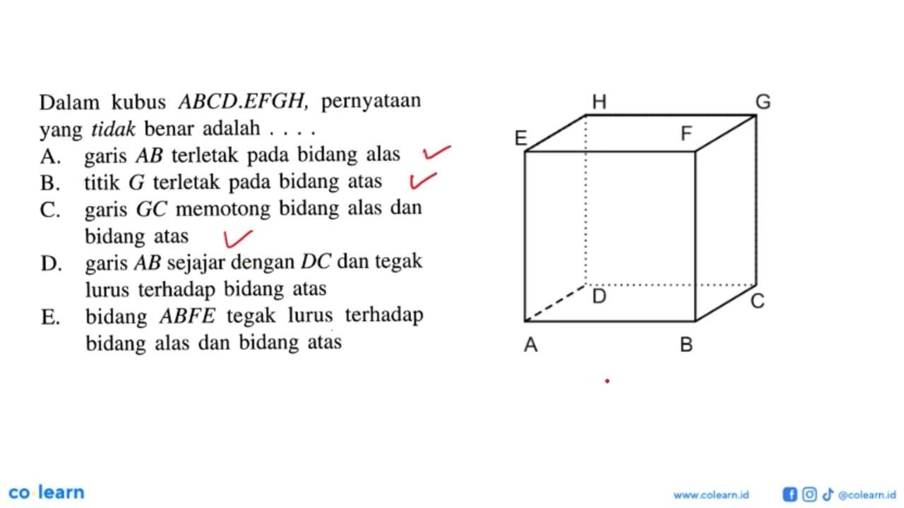 Dalam kubus ABCD.EFGH, pernyataan yang tidak benar adalah