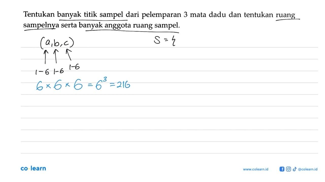 Tentukan banyak titik sampel dari pelemparan 3 mata dadu