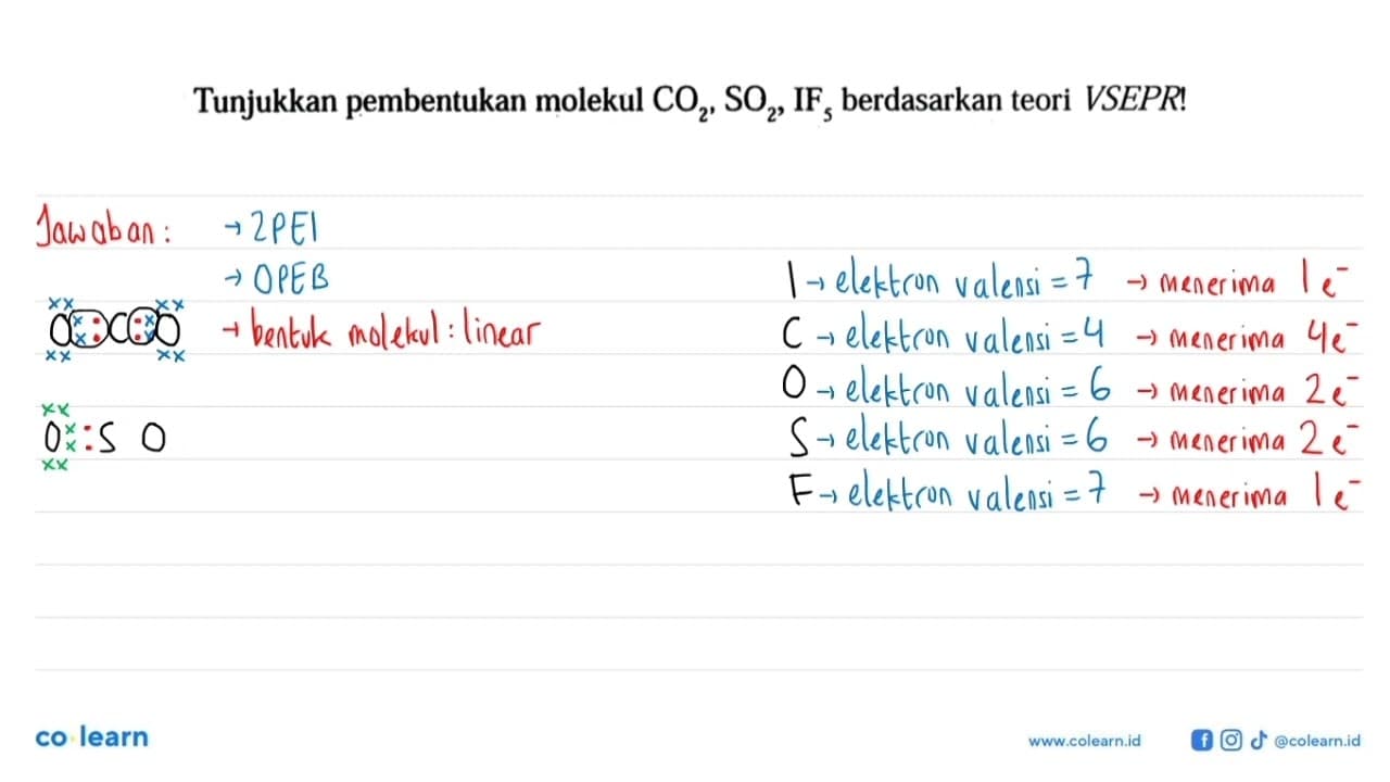 Tunjukkan pembentukan molekul CO2, SO2, IF5 berdasarkan