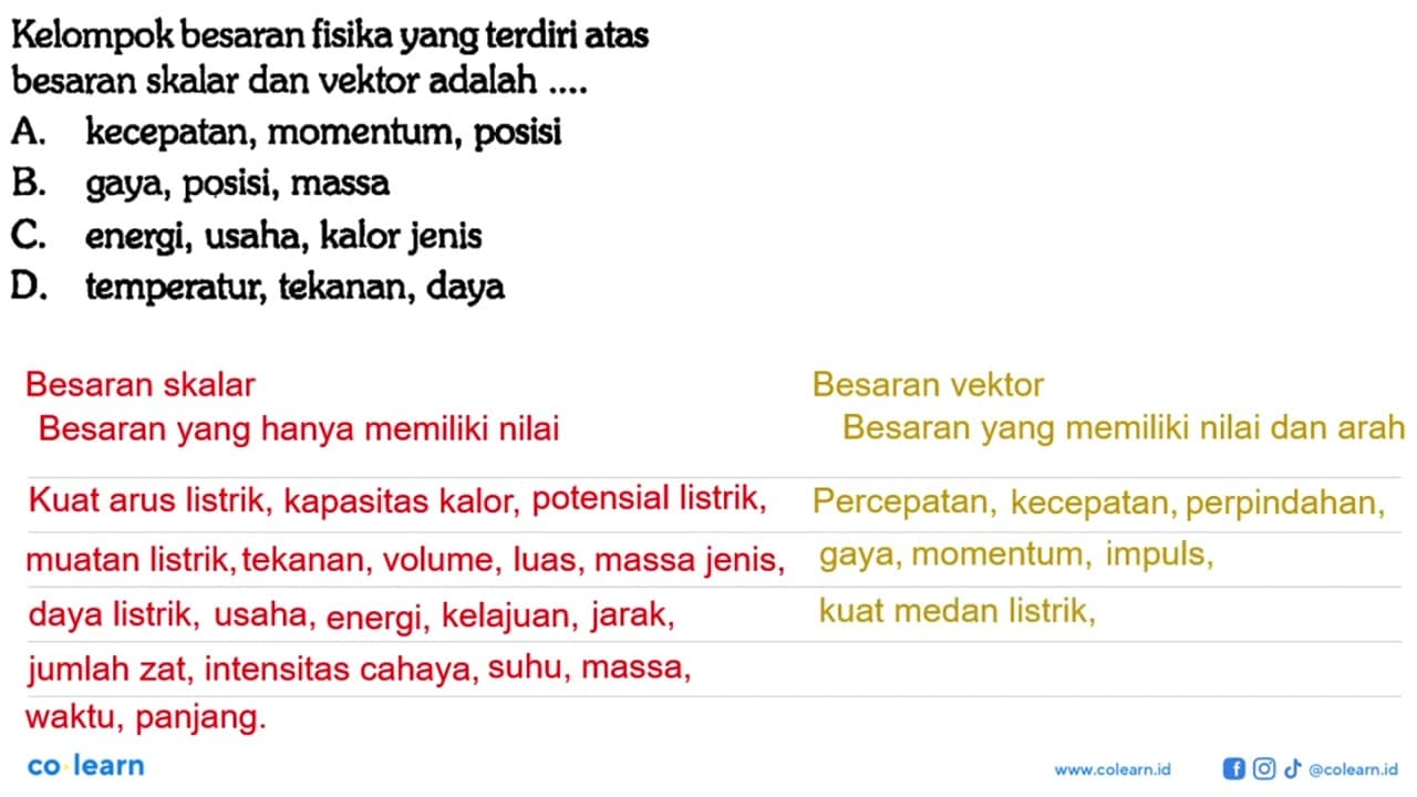 Kelompok besaran fisika yang terdiri atas besaran skalar