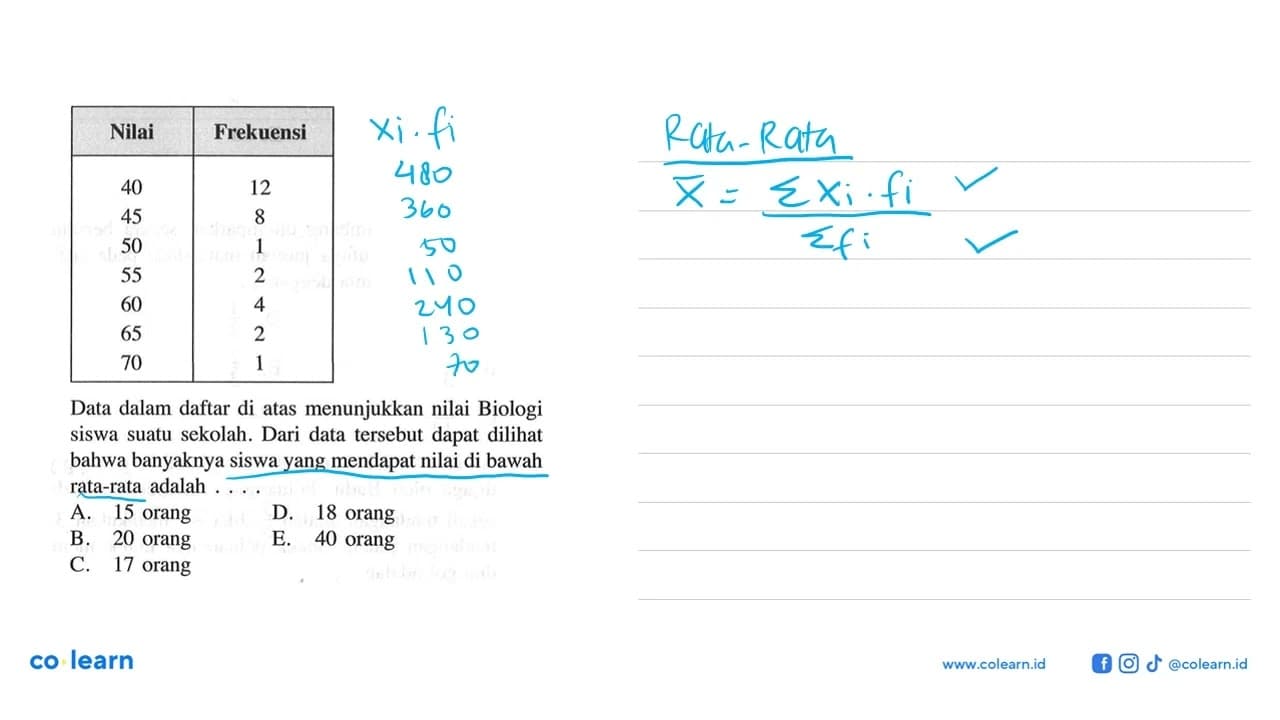 Nilai Frekuensi 40 12 45 8 50 1 55 2 60 4 65 2 70 1 Data