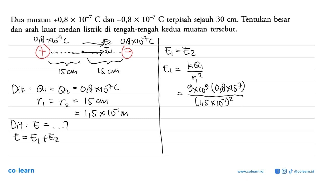 Dua muatan +0,8 x 10^-7 C dan -0,8 x 10^-7 C terpisah