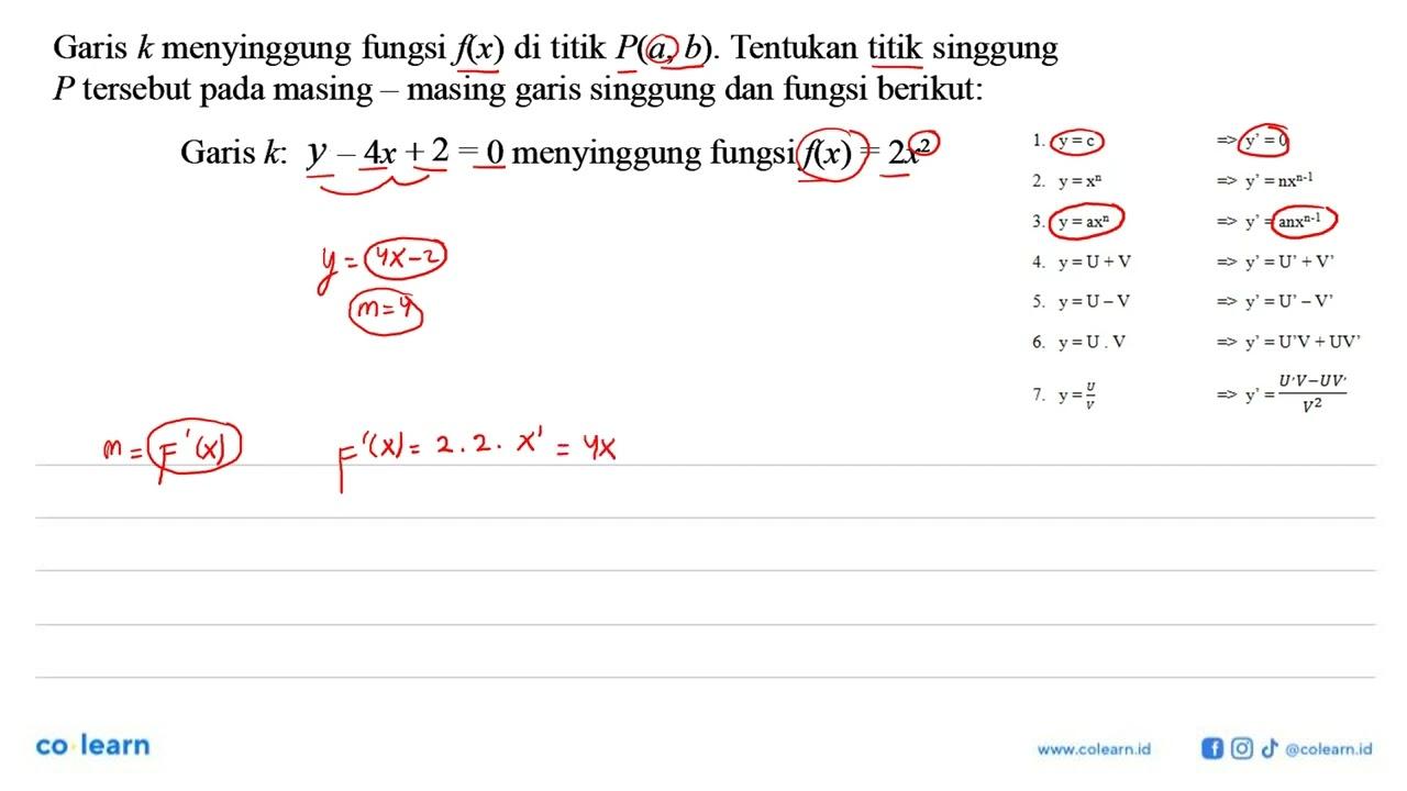 Garis k menyinggung fungsi f(x) di titik P(a, b). Tentukan