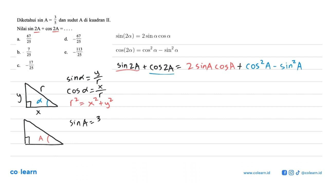 Diketahui sin A=3/5 dan sudut A di kuadran II. Nilai sin