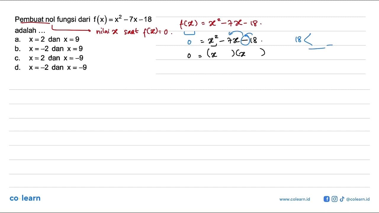 Pembuat nol fungsi dari f(x) = x^2 - 7x - 18 adalah