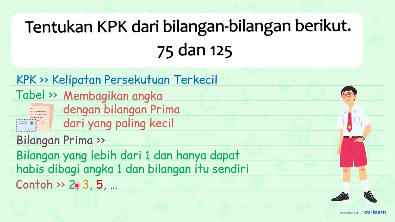 Tentukan KPK dari bilangan-bilangan berikut. 75 { dan ) 125