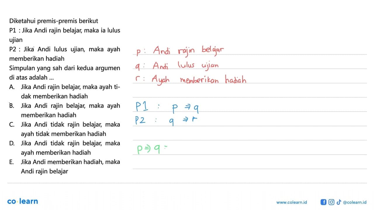 Diketahui premis-premis berikut P1 : Jika Andi rajin