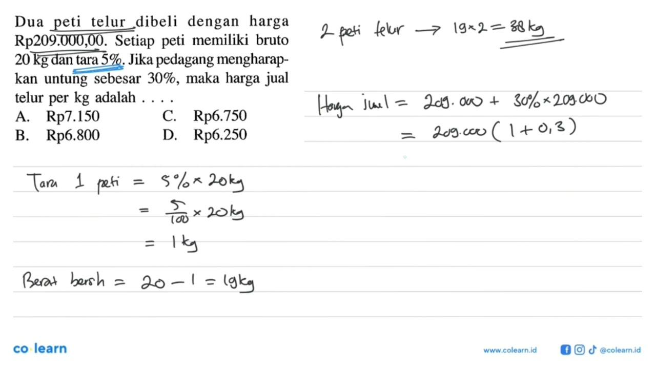 Dua peti telur dibeli dengan harga Rp209.000,00. Setiap