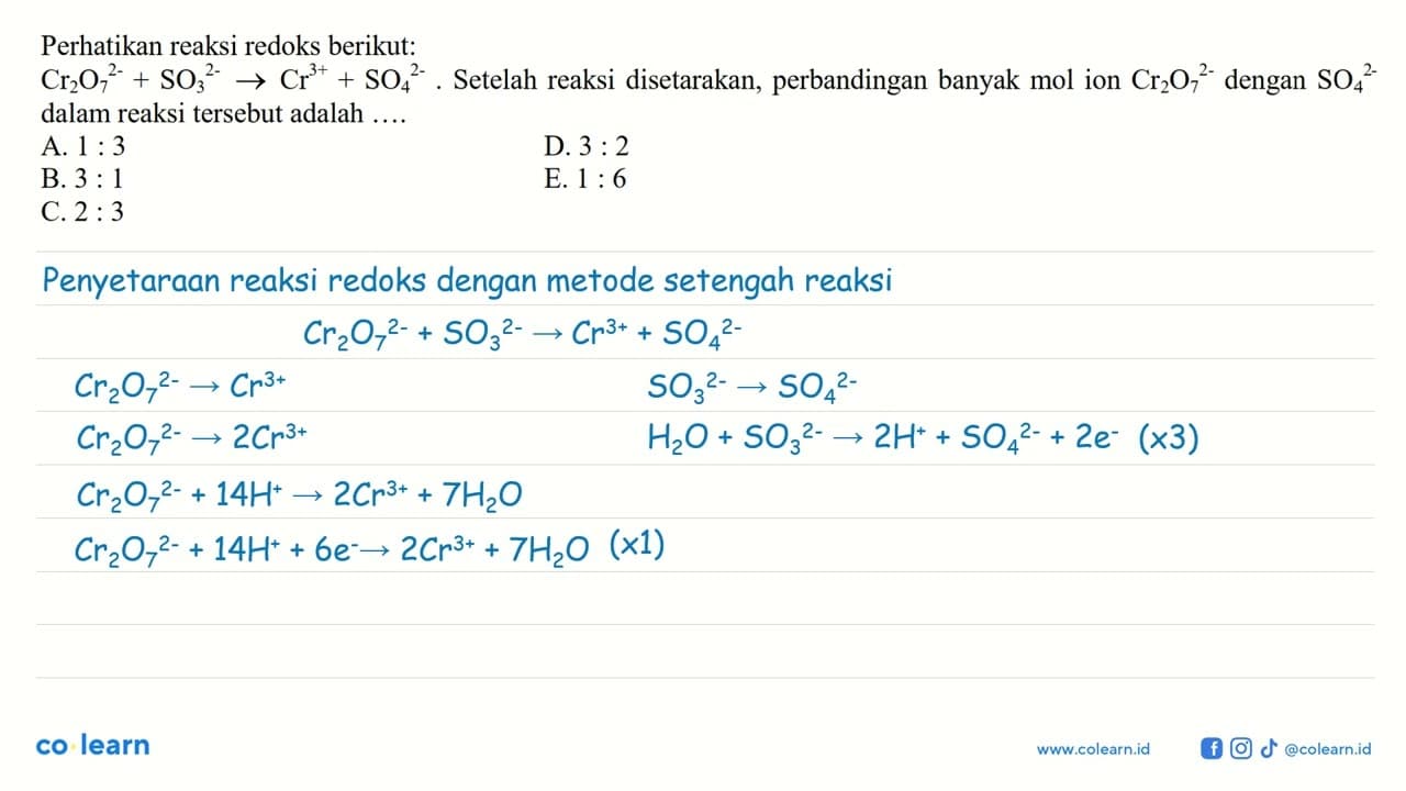 Perhatikan reaksi redoks berikut:Cr2O7^2- + SO3^2- -> Cr^3+