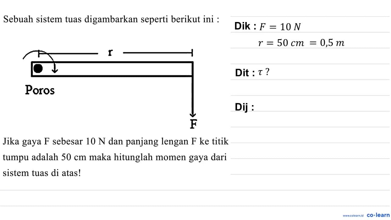 Sebuah sistem tuas digambarkan seperti berikut ini : Poros