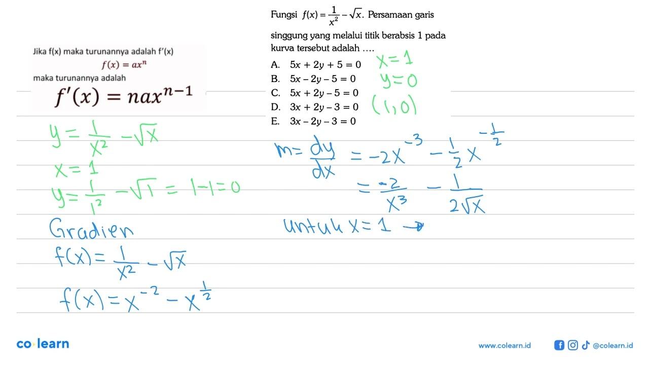 Fungsi f(x)=1/x^2-akar(x). Persamaan garis singgung yang